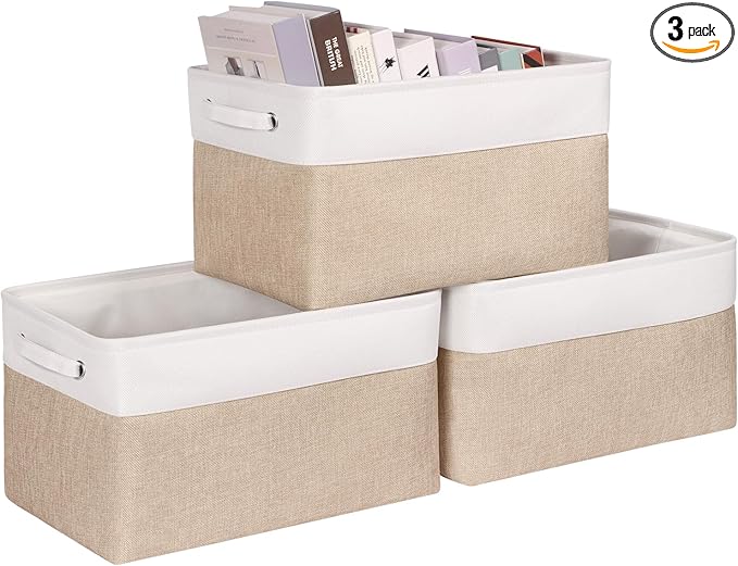 Kntiwiwo Large Fabric Foldable Storage Bin 17" x 11.8" x 9.8" Storage Baskets with Handle Large Cube Storage boxes for Closet, Shelves, Home, Set of 3, Beige-Ruum Studio Home