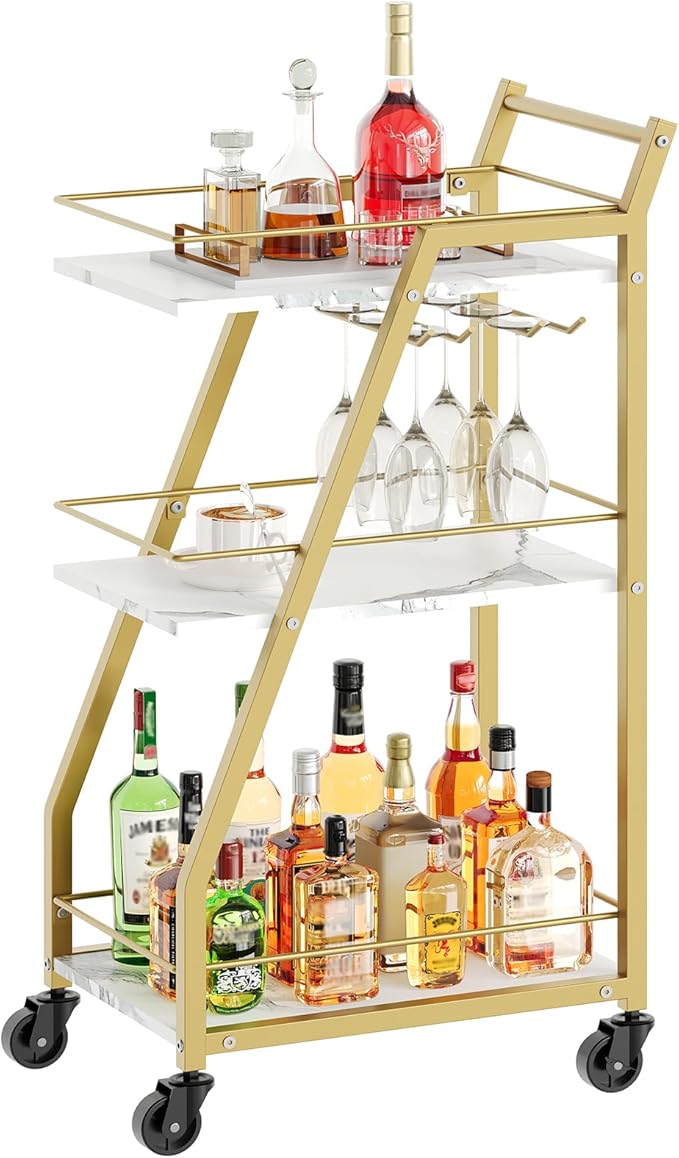 Bar Cart, Gold Bar Cart for The Home, Small Bar Cart on Wheels, Beverage Cart, Home Bar Serving Cart with Glass Holder, Drink Cart for Bar, Kitchen, Dining, Marble White and Gold BC03DW-Ruum Studio Home