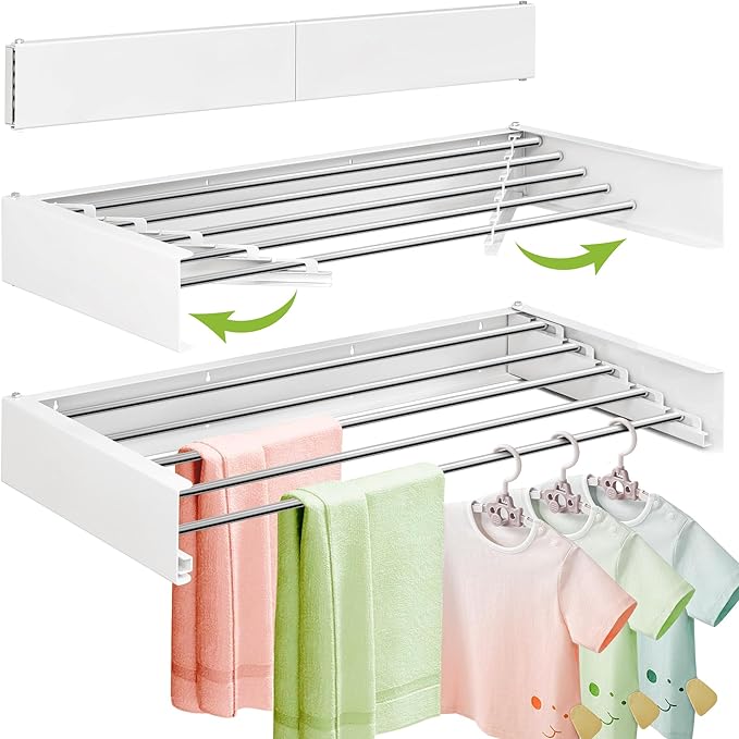 Wall Mounted Clothes Drying Rack 32 inches,Foldbale Laundry Drying Rack Wall Mount,Drying Rack Clothing Space Saver,Retractable,Collapsible,Folding Laundry Rack,White-Ruum Studio Home