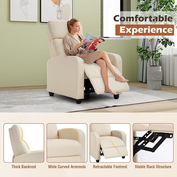 BestMassage | Recliner Chair | No Massage Function | Pu Beige | with Lumbar Support, Adjustable Push Back, Wide Armrests, Footrest & Padded Seat | Easy Assembly | for Living Room, Home Theatre-Ruum Studio Home
