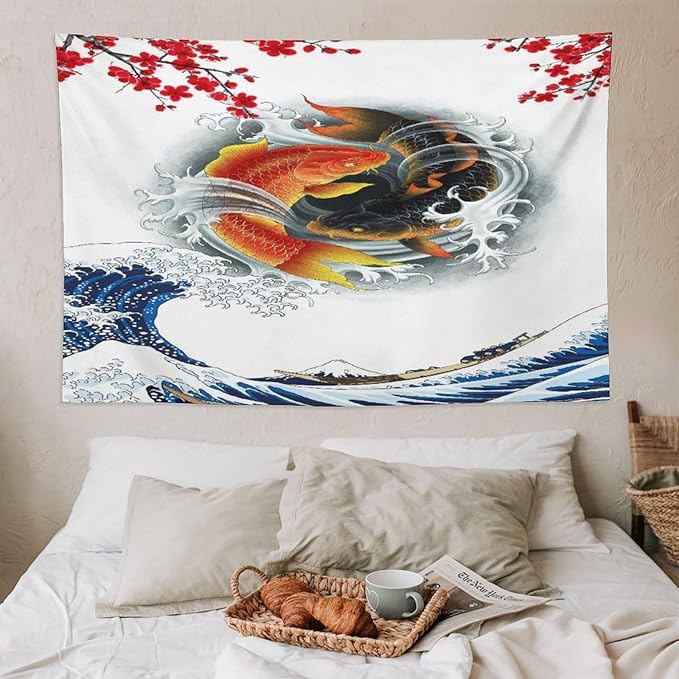 Houselerax Koi Fish Tapestry, Japanese Style Yin Yang Big Wave Cherry Blossoms Tapestries Wall Hanging for Bedroom Living Room Office Decor 90"x60"-Ruum Studio Home