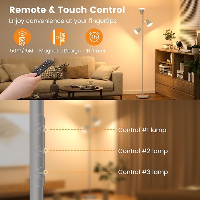 36W LED Tree Floor Lamp, Dimmable Tall Standing Lamp with Remote & Touch Control, 4 Color Temperatures Bright Floor Lamp, 3 Rotatable Light Modern Floor Lamps (Silver Gray)-Ruum Studio Home
