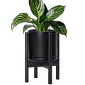 D'vine Dev Ceramic Planter with Ebony Stand - 8 Inch Modern Round Flower Pot with Wood Planter Holder, Black, 55-B-M-2-Ruum Studio Home