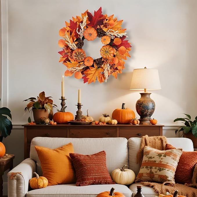20 Inch Thanksgiving Fall Wreath, Berries Pumpkins Maple Leaves Pine Cones Autumn Wreaths with Hook for Front Door, Fall Decor, Porch Wall Home Outdoor Holiday Decorations Wreath for Autumn-Ruum Studio Home