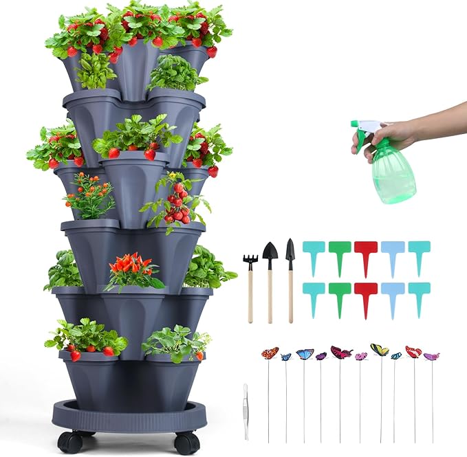 Vertical Planter, 6 Tier Stackable Strawberry Planter with Garden Tool Set, Movable Indoor/Outdoor Garden Herb Pot for Growing Vegetables and Succulents, Dark Gray-Ruum Studio Home