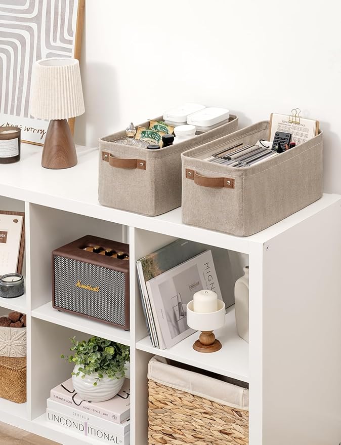 StorageWorks Narrow Storage Bins, Small Basket for Closet and Shelves, Rectangular Fabric Organizer with Handles, Toilet Paper Storage, Brown and Beige, 2-Pack-Ruum Studio Home