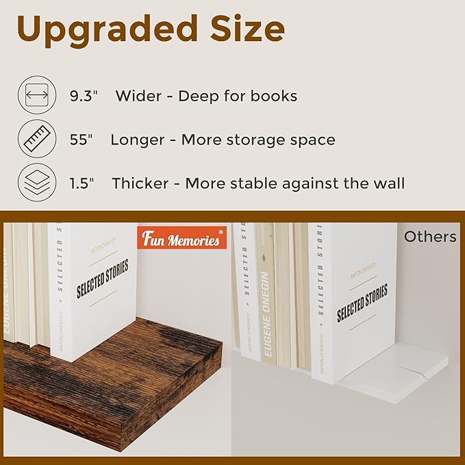 Floating Shelves 55 Inch Long, 55"W x 9"D Wall Shelf Invisible Bracket, 9 Inch Deep Floating Shelf for Wall, Rustic Wooden Shelves for Living Room, Kitchem, Bedroom, Rustic Brown Color, Set of 1-Ruum Studio Home
