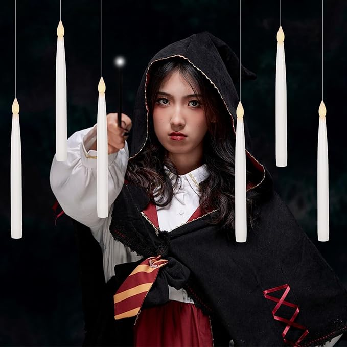 GenSwin 10.8" Floating Candles with Magic Wand Remote Timer, Flameless Taper Candles Flickering Battery Operated, LED Electric Hanging Window Candle Christmas Halloween Decorations(12 Pack, White)-Ruum Studio Home