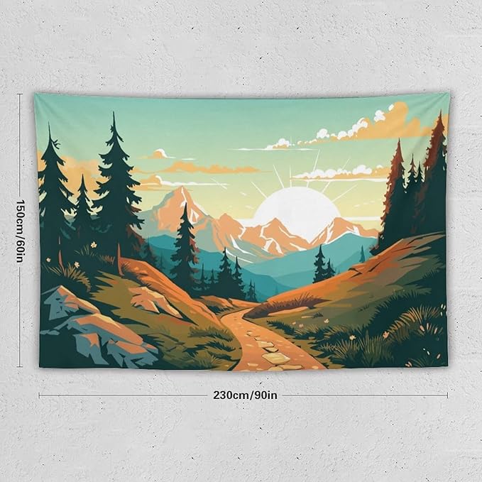 HZOHNAGO Mountain Tapestry Forest Mountain Sunrise Road Pattern Printed Wall Tapestry Wall Hanging for Bedroom Living Room Dorm 90" W x 60" H-Ruum Studio Home
