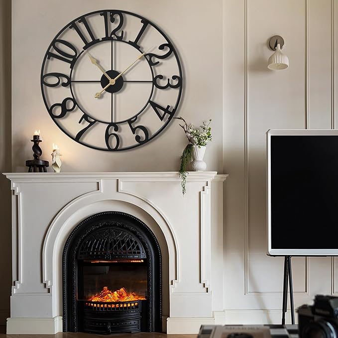 LEIKE Large Wall Clock, 18.5" Silent Non-Ticking, Battery Operated, Oversized, Decorative Retro Black Metal Clock for Living Room,Farmhouse, Dinner Room,Indoor, Outdoor(47cm, Black Arabic Number)-Ruum Studio Home