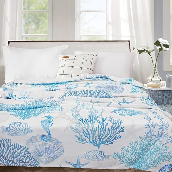 Blue Ocean Beach Throw Blanket Nautical Coastal Bed Blanket Starfish Seashell Coral Blankets Super Soft Flannel Fleece Throw Blanket for Couch Bed Decor “50 x60”-Ruum Studio Home