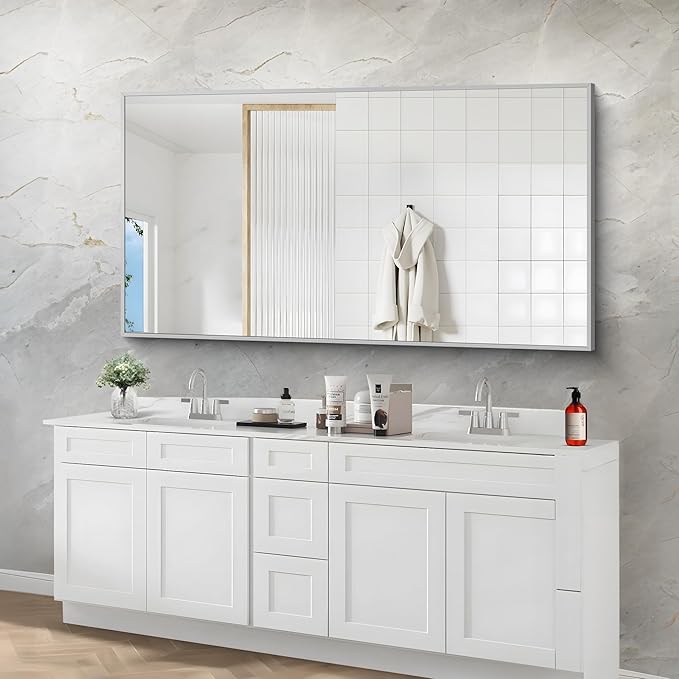 30x55In Silver Bathroom Mirror for Wall, Brushed Nickel Rectangle Mirrors with Metal Frame, Bathroom Rectangular Mirror Modern Wall Mirror for Bedroom Living Room, Hangs Horizontal or Vertical-Ruum Studio Home