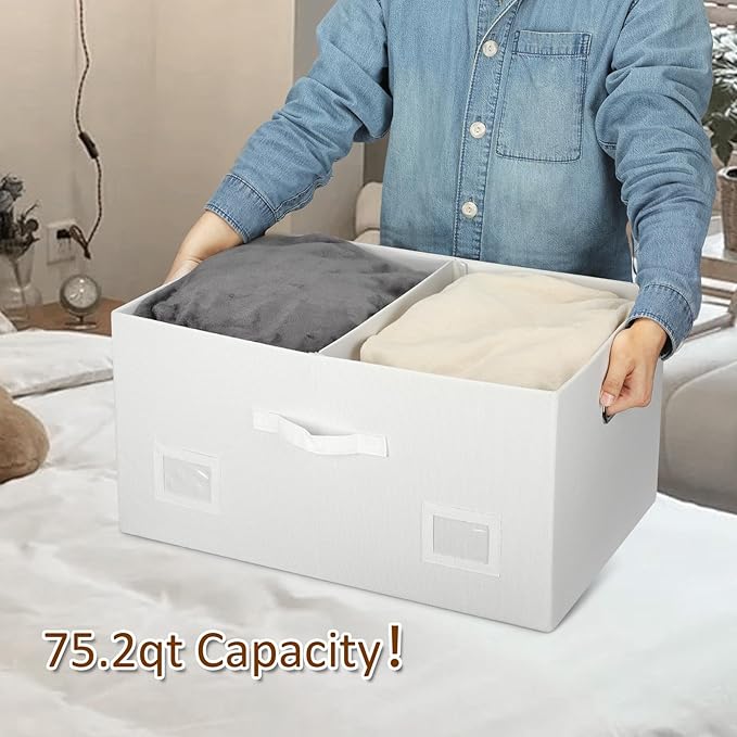 75 Quarts Extra Large Decorative Storage Bins with Lids, 1 Pack White Collapsible Storage Bins with Lids, Stackable Storage Bins Decorative Box Storage With Lid Extra Large-Ruum Studio Home