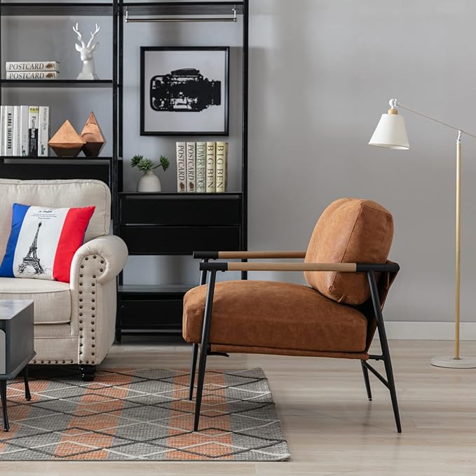 Mid-Century Accent Chair, Soft Armchair PU Leather Lounge Chair with Black Metal Legs, Upholstered Leisure Chair for Living Room Bedroom Reception Room, 1PC, Brown-Ruum Studio Home