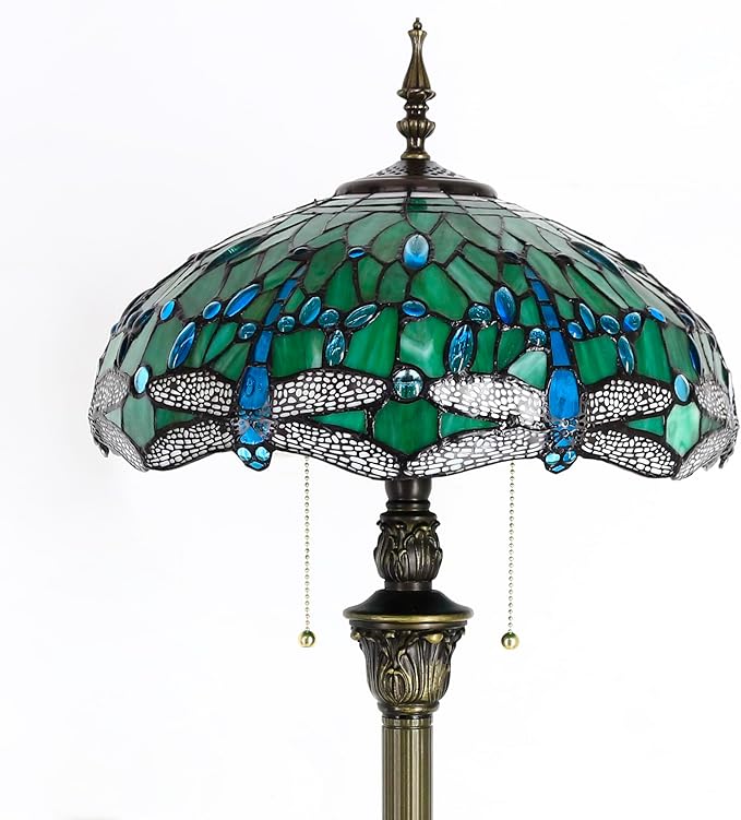 Tiffany Floor Lamp Stained Glass Lamp Standing Reading Light 16x16x70 Inch for Living Room (Green Dragonfly)-Ruum Studio Home