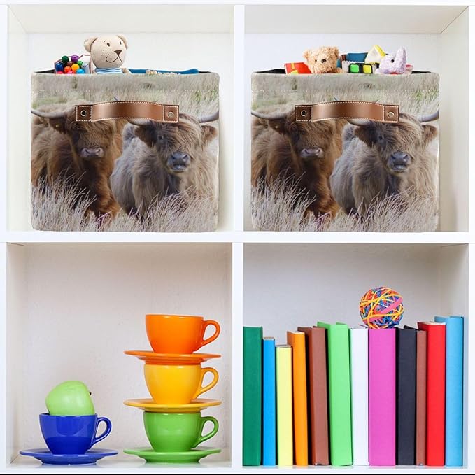 Highland Cows Storage Basket Cube Storage Bins Organizer Bag Collapsible Closet Shelf Baskets with handle for Baby Cloth Pet Toy Book 14.2×10.2×8.3 IN-Ruum Studio Home