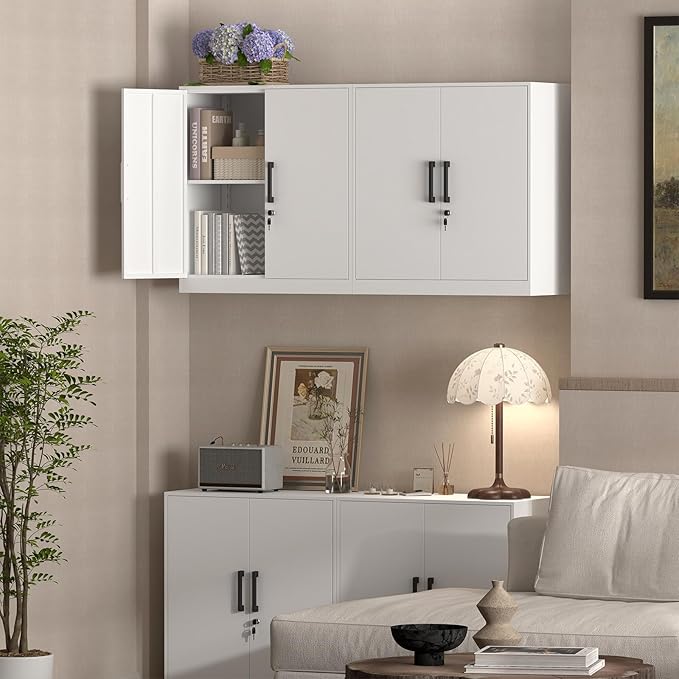 Wall Cabinet,Lockable Storage Cabinets with Adjustable Shelf,Locking Wall Storage Cabinet with Doors for Laundry Room,Home Office,White-Ruum Studio Home