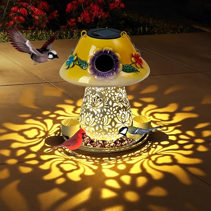 Mushroom Solar Bird Feeders for Outdoors Hanging Metal Wild Bird Feeder Garden Lantern with S Hook for Garden Decoration Yellow-Ruum Studio Home