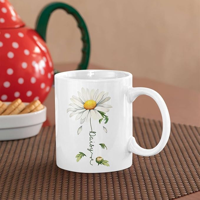 Lovely Daisy Flower Ceramic Mug, Customized Name On Floral Coffee Cup, Personalized Floral Accent Mug 11oz 15oz, Custom Daisy Lover Cup, Gift For Friend And Coworker, Novelty Daisy Mug-Ruum Studio Home