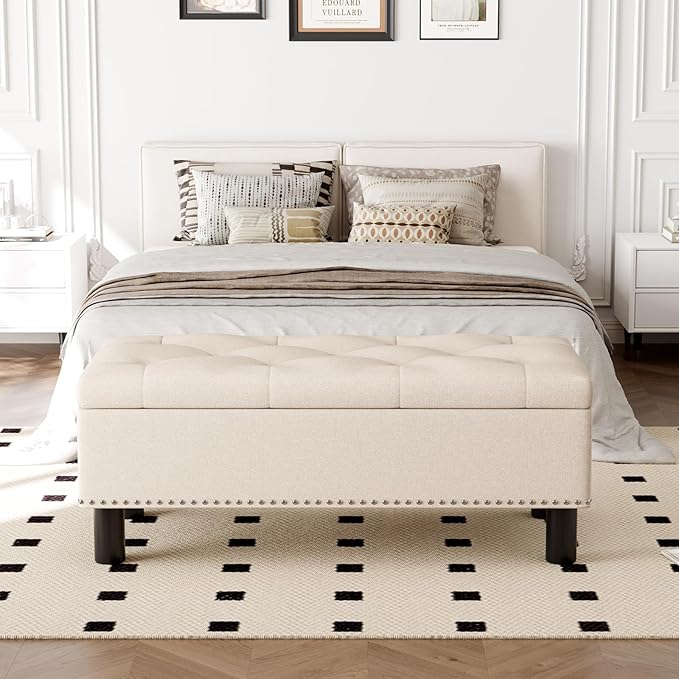Furniliving 42” Ottoman Bench with Storage, Folding Storage Ottoman Benches with Wood Legs, Upholstered Bedroom Bench with Button-Tufted, Entryway Bench for Bedroom, Linen, Beige-Ruum Studio Home