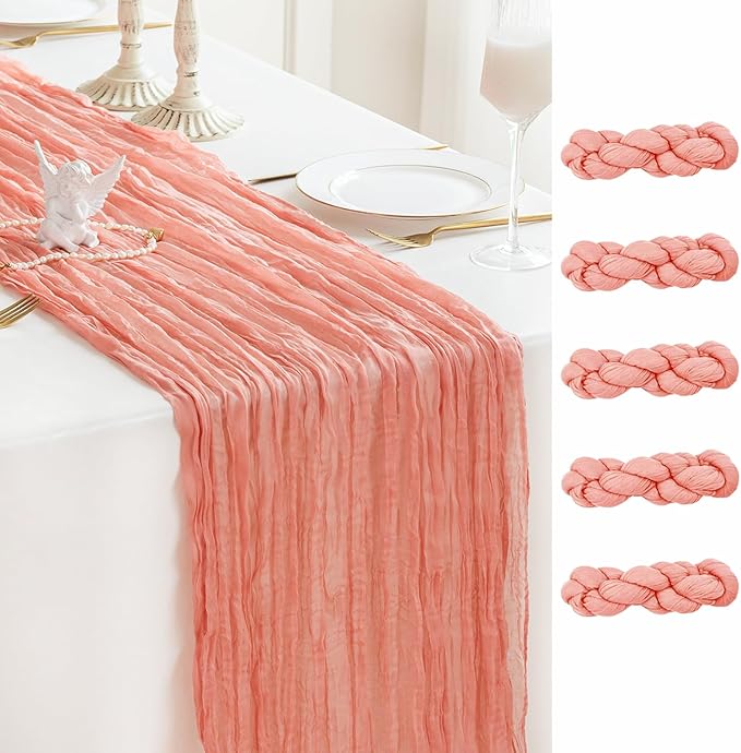 Sioloc 5 Pack Peach Coral Cheesecloth Table Runner Fall Autumn Decor for Home 10ft Table Cloth for Tea Wedding Birthday Party Baby Bridal Shower Halloween Thanksgiving-Ruum Studio Home