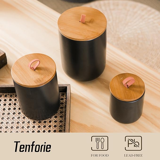 Black Canister Sets for Kitchen, 3pcs Ceramic Canisters with Airtight Wooden Lid, Food Storage Jar, Large Kitchen Storage Containers for Serving Coffee Beans, Tea, Sugar, Salt, Spices-Ruum Studio Home