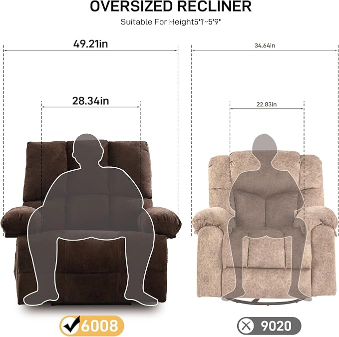 Oversized Recliner Chair Extra Wide Large Recliner for Adults 350lbs with Lumbar Support Pillow Nursery Chair Living Room (Manual, BROWN-6008)-Ruum Studio Home