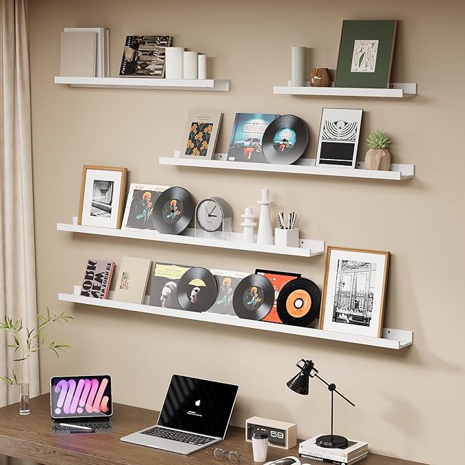 SAUMONIERES Picture Ledge Shelf Floating Book Shelves Set of 2 Wall Mounted Solid Wood for Bedroom Bathroom Living Room Kitchen, 48 Inch White-Ruum Studio Home