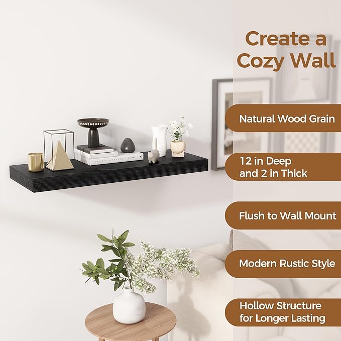 Fun Memories Black Floating Shelves 30" W x 12" D, 12 Inch Deep Floating Shelf for Books, Bathroom, Living Room, Rustic Wood Wall Shelves, 2 Inch Thicked Storage Shelf for Home Storage, Set of 2-Ruum Studio Home