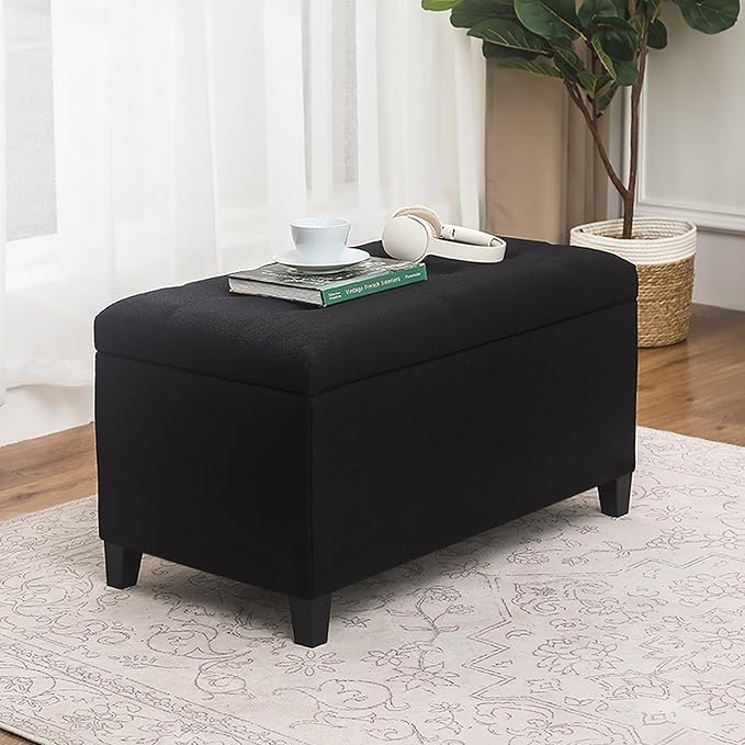 Asense Storage Ottoman Bench, Tufted Fabric Upholstered End of Bed Bench with Safety Hinge Wooden Legs, for Entryway Bedroom (Cotton and Linen Black, 33.3")-Ruum Studio Home