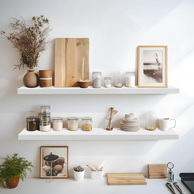 LaVie Home Floating Shelves, 47 Inch Wall Shelf Set of 2, Hanging Shelf with Invisible Brackets, Wall Decor for Bathroom, Bedroom, Living Room, Kitchen Storage, Modern White-Ruum Studio Home