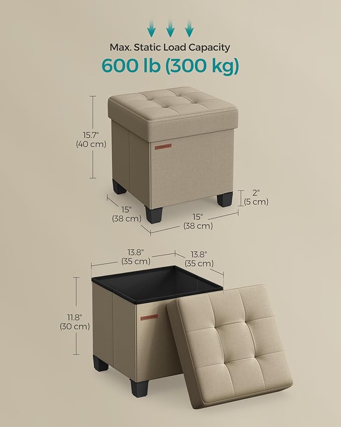 SONGMICS Storage Ottoman, Small Ottoman Foot Rest with Legs, 15 x 15 x 15.7 Inches Foot Stool, Load up to 660 lb, for Living Room, Bedroom, Dorm, Camel Brown ULSF014K01-Ruum Studio Home