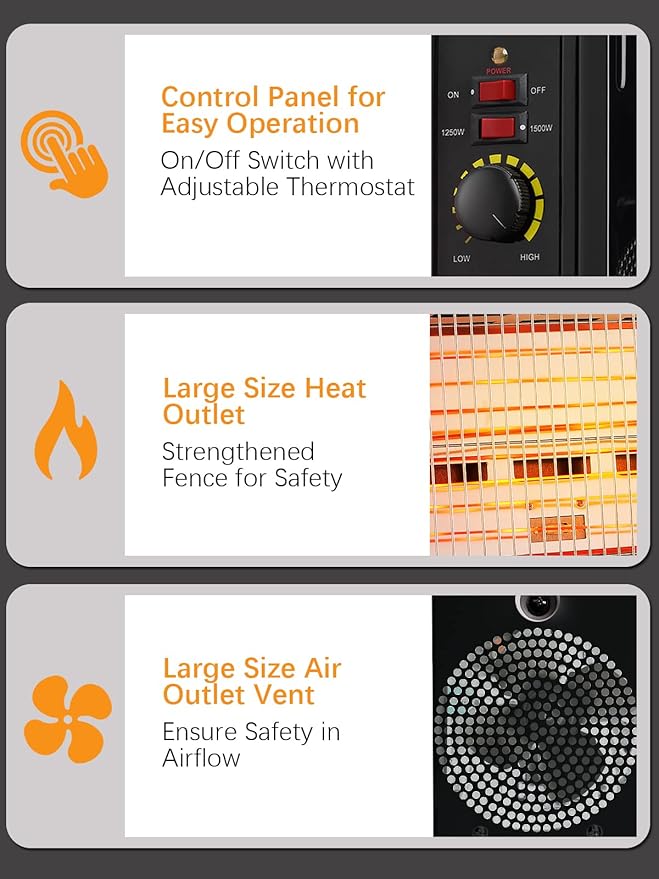 JASUN Portable Space Heater Electric Radiant Heater Fast Heating with Adjustable Thermostat, Portable Indoor Heater with Handle Quiet Energy-Saving 1250W/1500W for Office Home Garage Bedroom Black-Ruum Studio Home