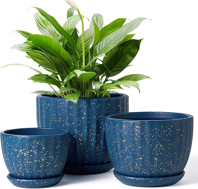 4/5/6 Inches Ceramic Plant Pots with Drainage Holes and Saucers, Round Flower Pots for Indoor Plant, Modern Flower Planters Set of 3 (Blue with Dot-Big Size)-Ruum Studio Home