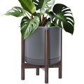 D'vine Dev Ceramic Planter with Walnut Color Stand - 12 Inch Modern Round Flower Pot with Wood Planter Holder, Grey, 55-B-W-3-Ruum Studio Home
