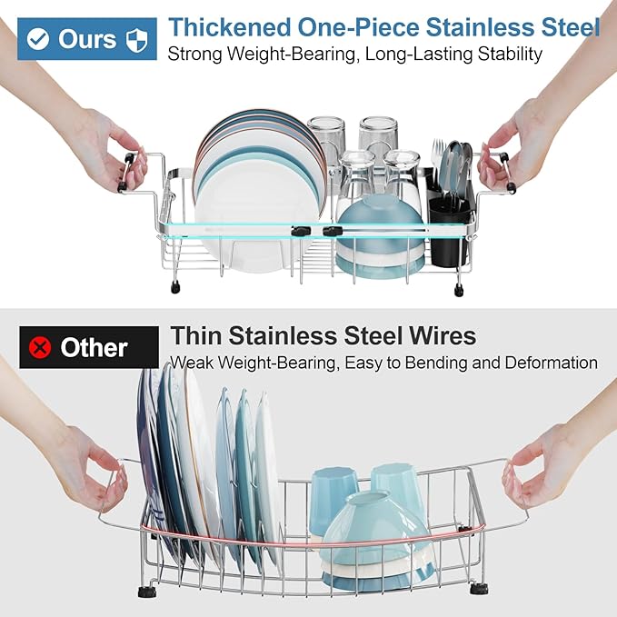 GSlife Expandable in Sink Small Dish Drying Rack - Stainless Steel Capacity Adjustable Over The Sink Dish Rack with Cup Holder (12" -16.8"), Dish Drainer for Kitchen Sink with Utensil Holder, Silver-Ruum Studio Home
