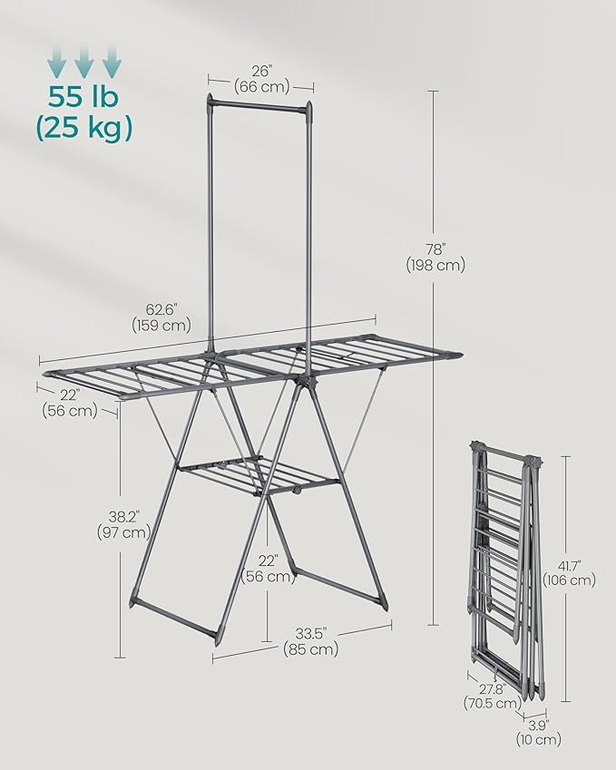 SONGMICS Clothes Drying Rack, Foldable 2-Level Laundry Drying Rack, Free-Standing Airer, 1 Additional Tall Hanging Bar, 2 Height-Adjustable Wings, 24 Drying Rails, Space Savng, Gray ULLR521G01-Ruum Studio Home