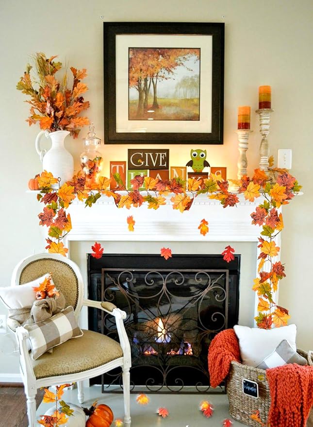 DearHouse 2 Pack Fall Garland Maple Leaf, 5.9Ft/Piece Hanging Vine Garland Artificial Autumn Foliage Garland Thanksgiving Decor for Home Wedding Fireplace Party Christmas (Green)-Ruum Studio Home