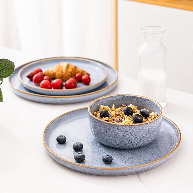 GBHOME Ceramic Dinnerware Sets for 8, 24 Pieces Stoneware Plates and Bowls Sets, Scratch Resistant Dishes, Dishwasher & Microwave Safe, Reactive Glaze-Brunnera Blue-Ruum Studio Home