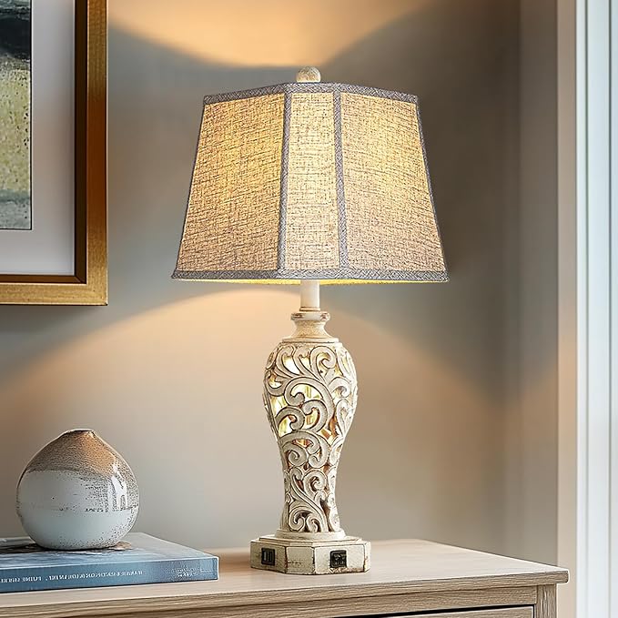 25'' Farmhouse Table Lamp for Living Room Bedroom, 2 USB Ports Vintage Rustic Nightstand Desk Lamp with Nightlight, White Hollow Out Resin Lamp for End Table (Bulb Included)-Ruum Studio Home