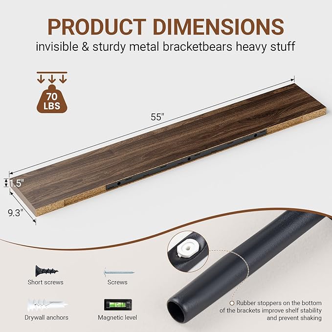 Heimlove 55 Inch Long Floating Shelves for Wall,9.3" Deep Walnut Floating Shelf Set of 2,Large Display Shelf & Storage Shelf,Wall Mounted Shelves for Bedroom Living Room Kitchen Office-Ruum Studio Home