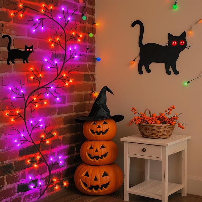 7 Ft Halloween Decorations Willow Vine Twig Garland with 8 Modes Timer 63 LED Orange Purple Lights, Halloween Garland with Waterproof Battery Operated for Wall Fireplace Decorations Indoor Outdoor-Ruum Studio Home