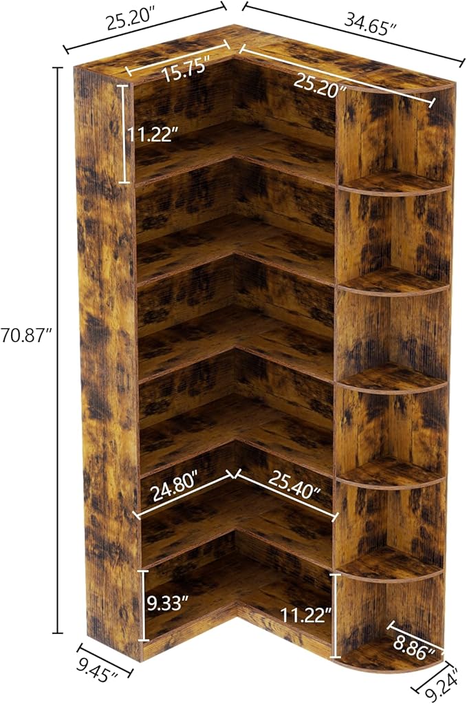 Loomie Bookshelves, 6 Tiers Shelf Large Tall Corner Etagere Bookcase with Full Baffle, L-Shaped Modern Storage Display Industrial Book Shelf for Bedroom, Home Office, Living Room & Kitchen, Rustic-Ruum Studio Home
