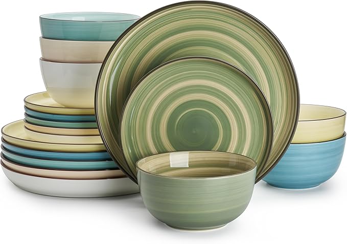 Sweese Plates and Bowls Sets, 18 Piece Dinnerware Set Porcelain Round Dinner Set for 6, Scratch Resistant Dishes Set, Dishwasher and Oven Microwave Safe Handpainted Swirl Dishware Sets, Assorted Green-Ruum Studio Home