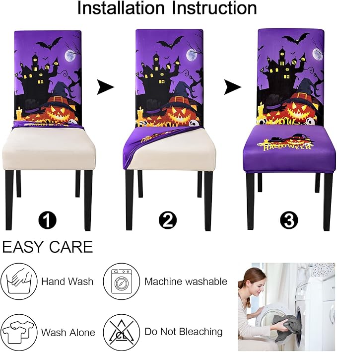 JQinHome Purple Halloween Chair Slipcover, Castle Chair Covers Set of 4, High Stretch Washable Chair Protector Cover for Dining Room, Kitchen,Home Party,Wedding Ceremony(Purple,4PC)-Ruum Studio Home