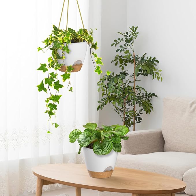 ZMTECH 8 Inch Hanging Planters for Indoor Outdoor Plants, 2 Pack Self Watering Hanging Plant Pots with Drainage Holes and Removable Saucer, Plastic Flower Hanging Pots with Watering Lip (White)-Ruum Studio Home