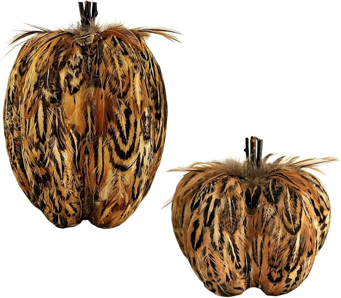 naturevibe 7.5/5.5 Inches Elegant Feathered Pumpkin Decor,Set of 2 Thanksgiving Decorations Natural Feather Pumpkins as Fall Home Decor,Centerpieces for Tables or Autumn Harvest Gifts-Ruum Studio Home