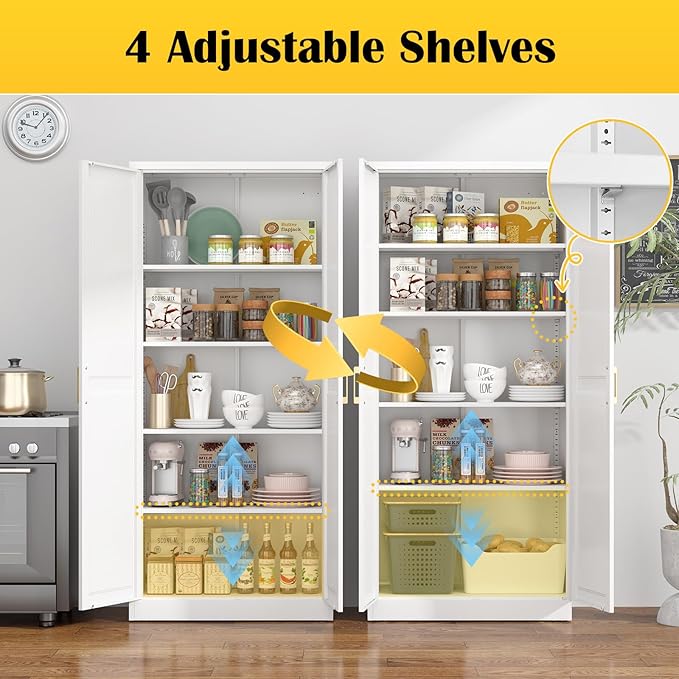 Kitchen Pantry Cabinet,71”White Metal Pantry Storage Cabinet with Doors and 4 Adjustable Shelves,Kitchen Cabinet with 2 Gold Handles,Tall Cabinet for Livingroom,Pantry, Bathroom,Kitchen-Ruum Studio Home