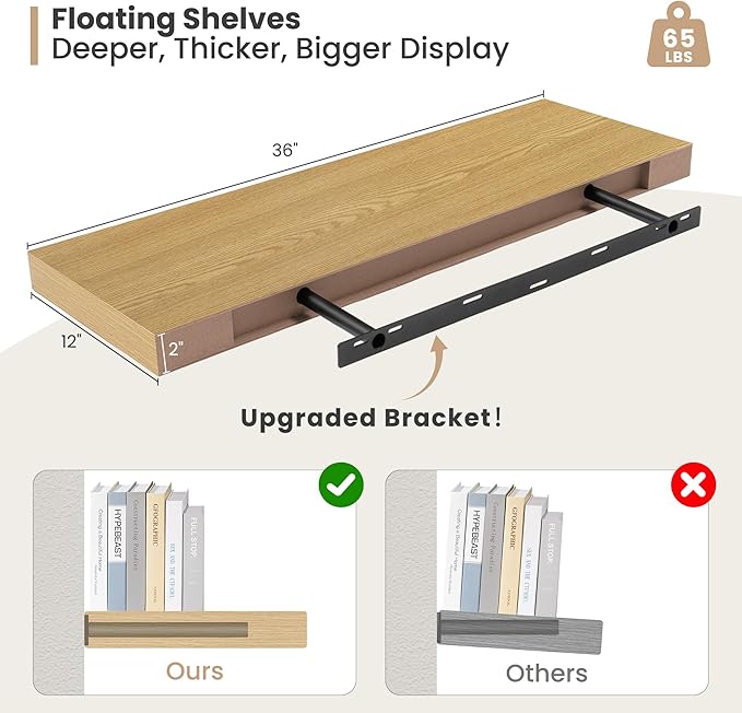 Heimlove 12" Deep Floating Shelves, 36 x 12 Inch Wall Mounted Long Floating Shelf with Invisible Brackets, for Home Decor, Bedroom, Kitchen, Living Room, Bathroom - 2 Pack, Oak-Ruum Studio Home