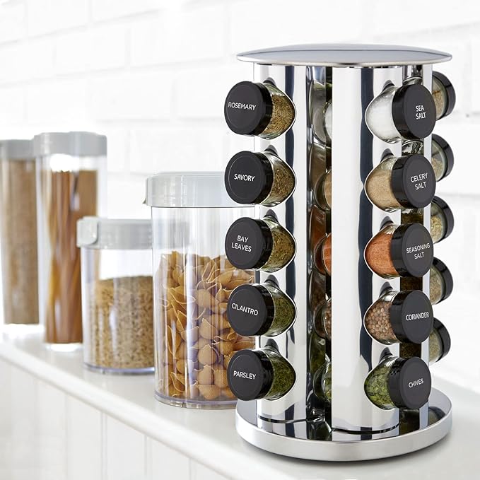 Kamenstein 20 Jar Revolving Countertop Spice Rack with Spices Included, FREE Spice Refills for 5 Years, Polished Stainless Steel with Black Caps, 30020 (Pack of 3)-Ruum Studio Home